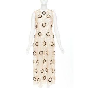 BEAUFILLE Zelle beige black braided jute black floral applique macrame dress L